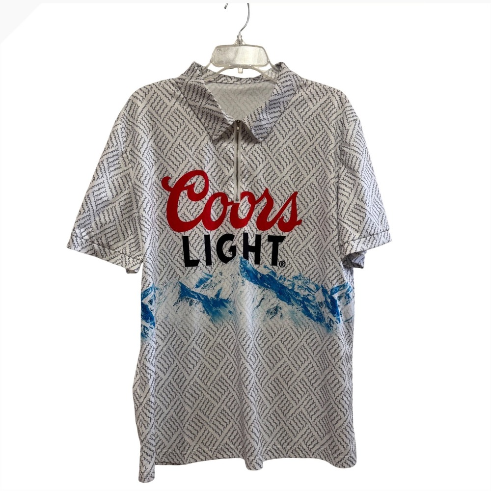 Coors Light Mens Quarter Zip Polo Shirt White Mountain Graphic Beer Golf Top‎